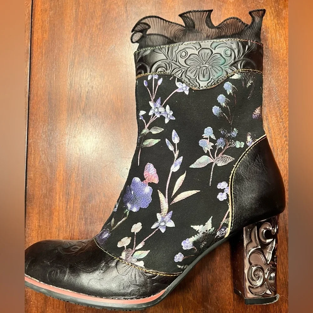 GUC L'ARTISTE Gaga Mid-Calf Leather Boots in Black & Multicolor size 39 - Picture 4 of 12